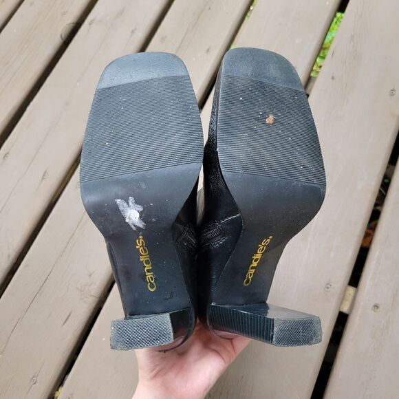 Vintage 90s y2k Candie's Bratz Black Faux Leather Square Toe Chunky Heel Boots - Picture 6 of 9